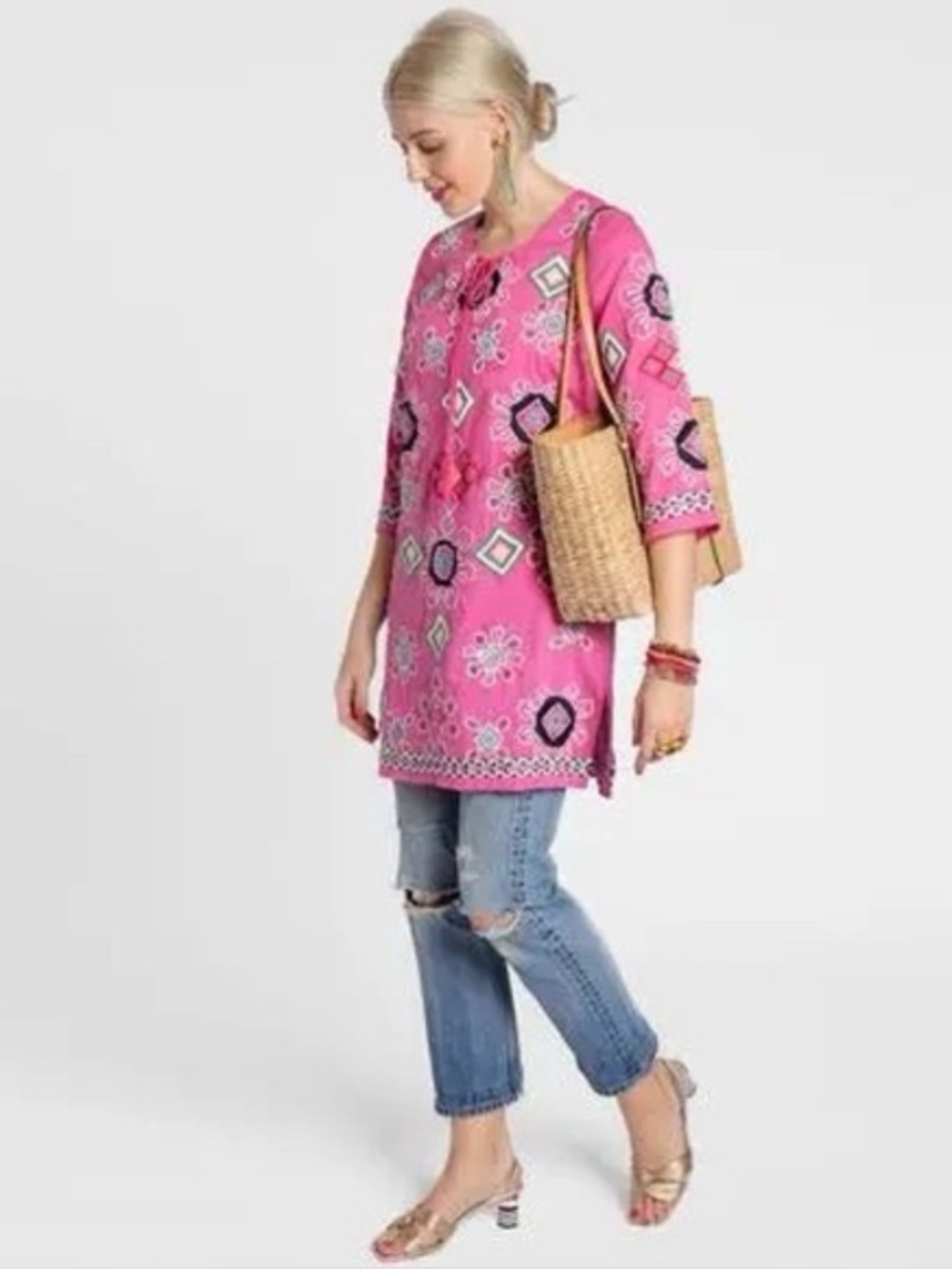 Frances Valentine Pink Embroidered Casual Dress Capri Tunic Tassel Tie